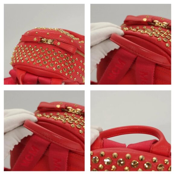 MCM Studs Backpack Leather Red Gold bst584-112825 - Picture 10 of 16